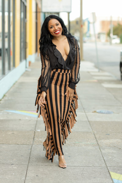 Vertical Stripe Fringe Maxi Skirt