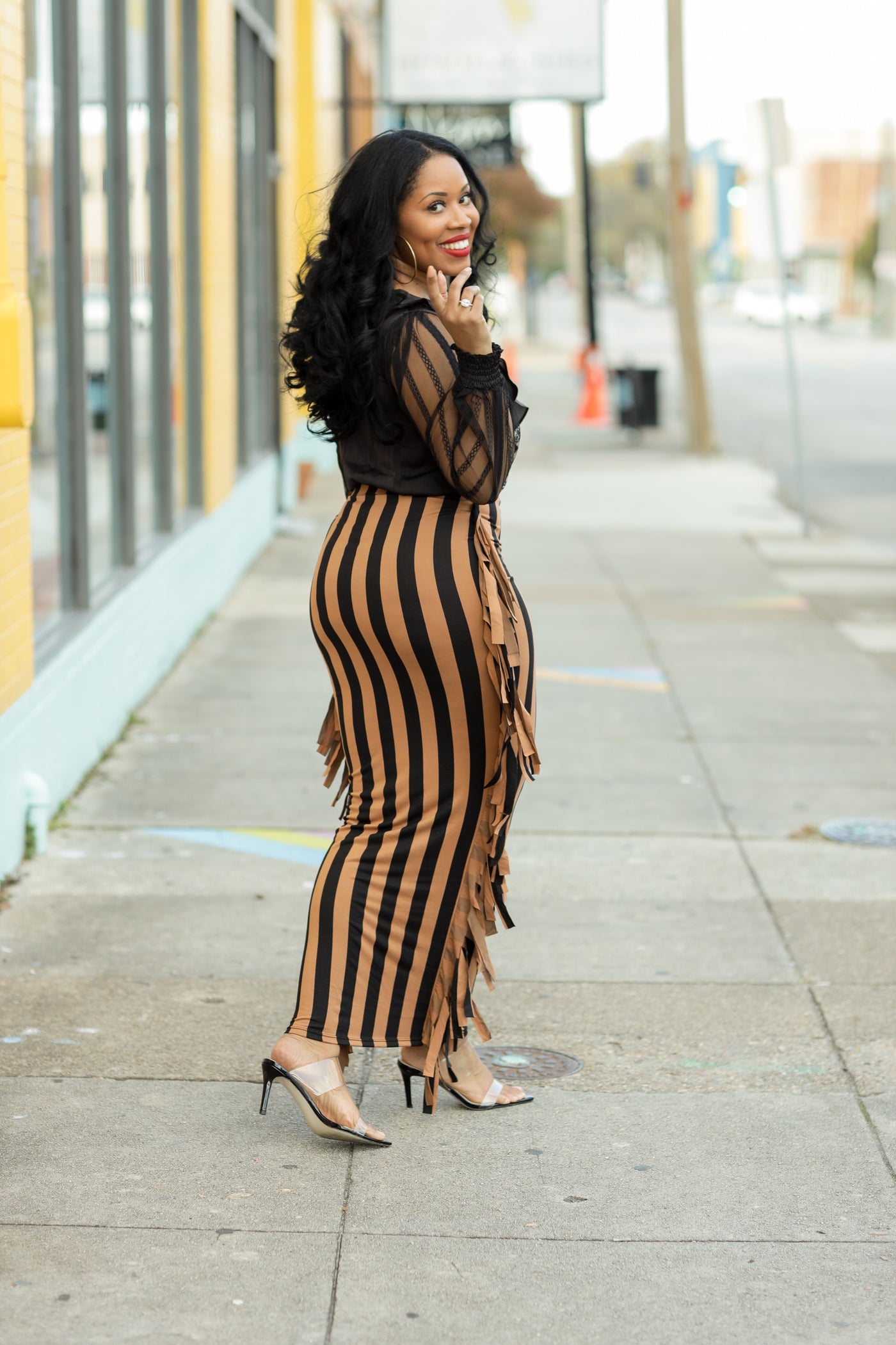 Vertical Stripe Fringe Maxi Skirt