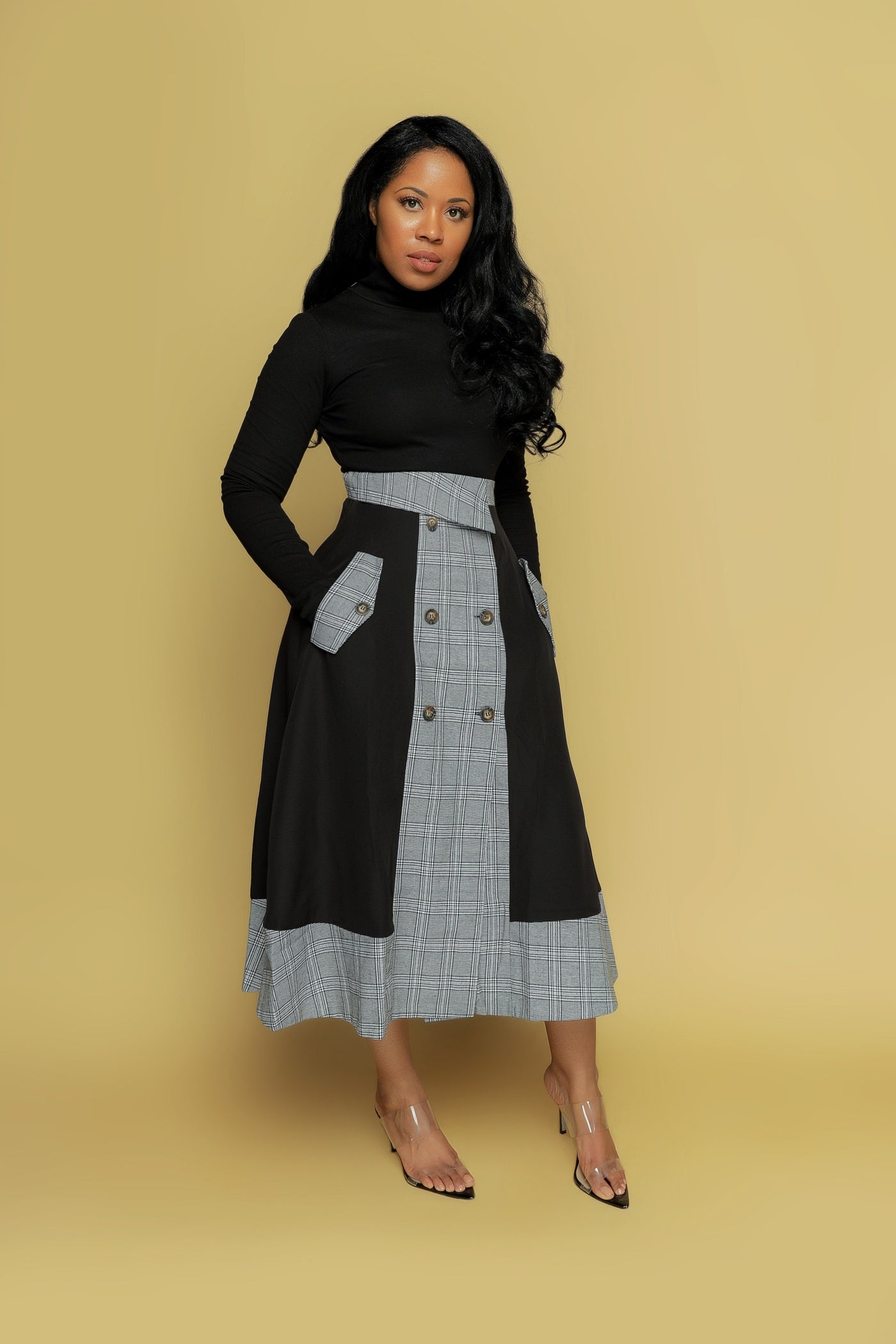 Black Plaid Midi Skirt