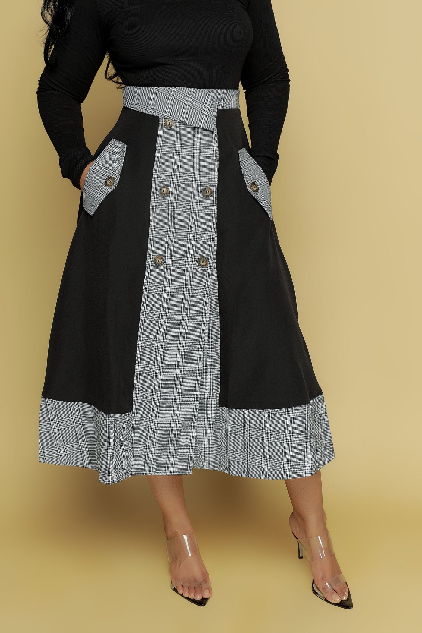 Black Plaid Midi Skirt